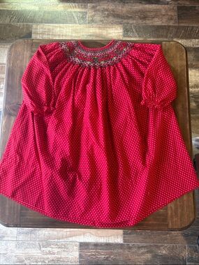 Girls' Red Smocked Dot Long-Sleeve Blouse